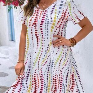 Ladies 1X  white colorful print dress